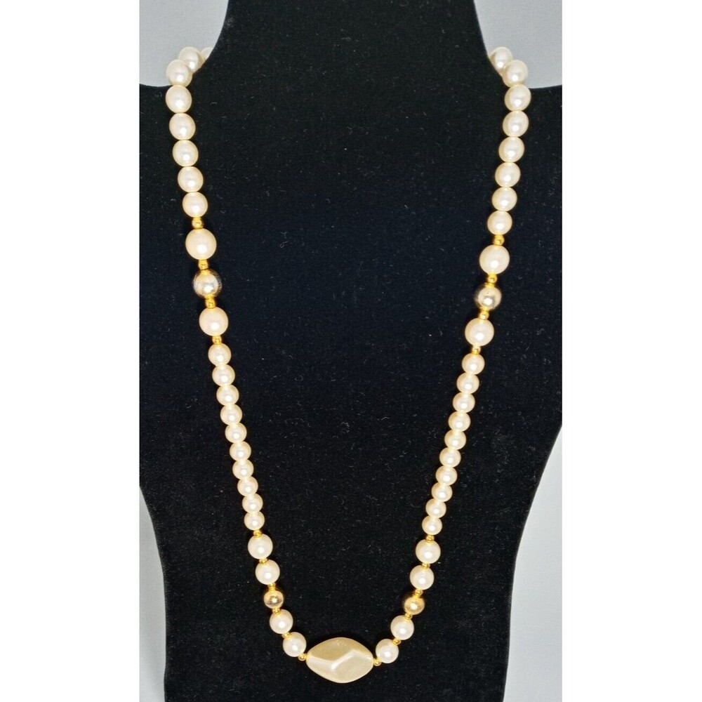 Vintage Necklace Faux Pearls w/ Gold Tone Spacers 22" Large Bead in Center Boho